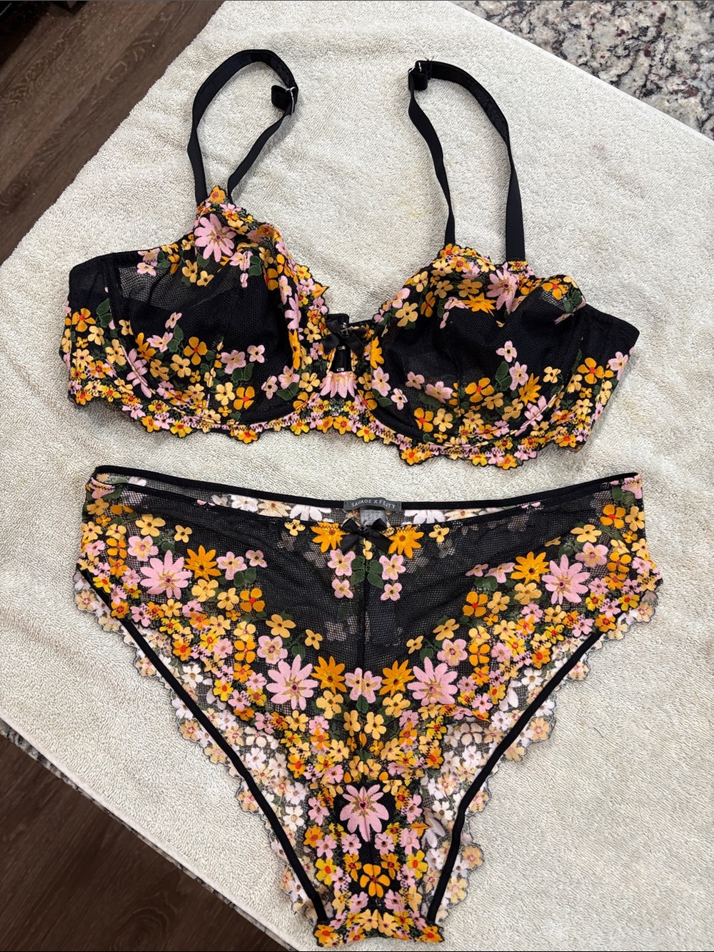 Floral Lace Underwire Bra & Brief Set - Black with Pink & Yellow Flowers
